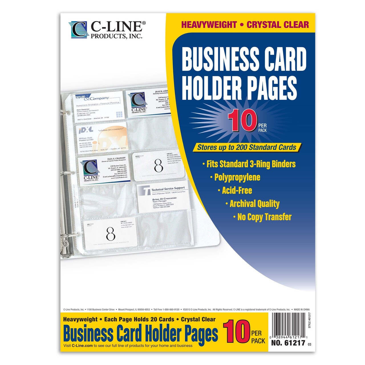 Business Card Holder, Poly without Tabs, Holds 20 Cards/Page, 11-1/4" x 8-1/8", Pack of 10